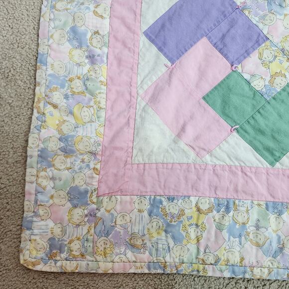 Vintage Patchwork Quilt Baby Blanket Pink Purple Green Pastel Kid Print 37x37 - Picture 4 of 8